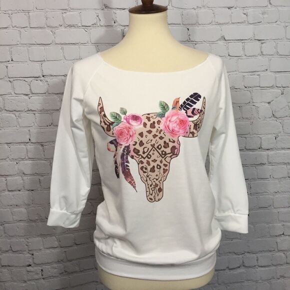 BULL SKULL AND ROSES SWEAT SHIRT - Picture 1 of 4